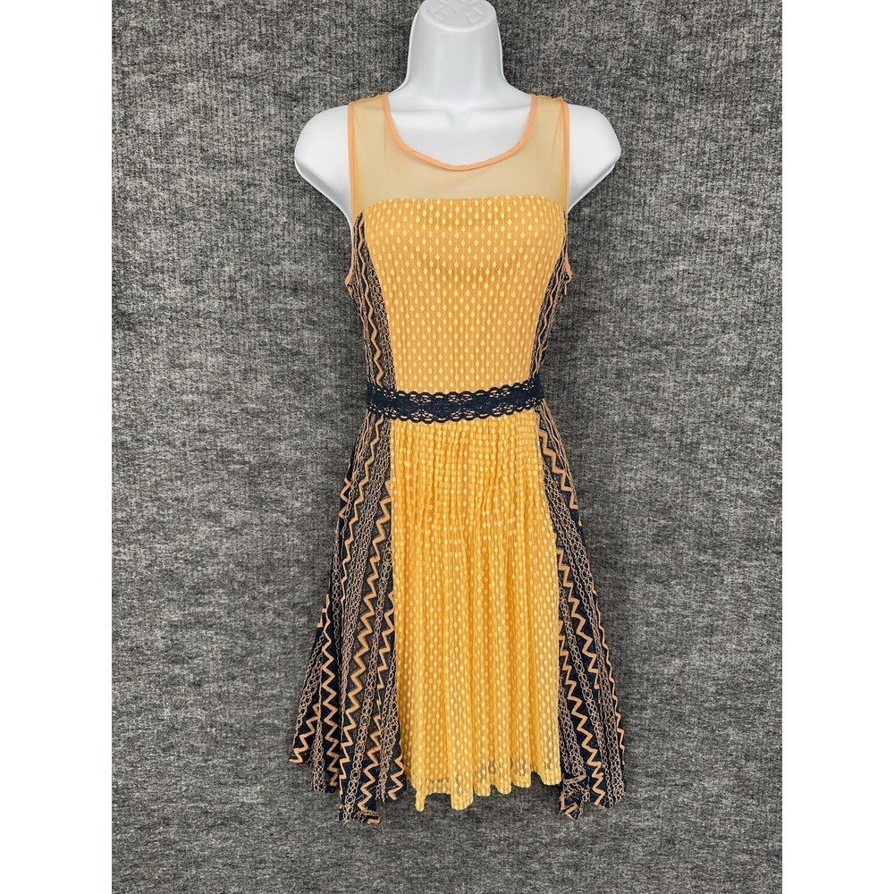 RYU Anthropologie Dress Womens L Yellow Geometric Mesh Sleeveless Fit & Flare